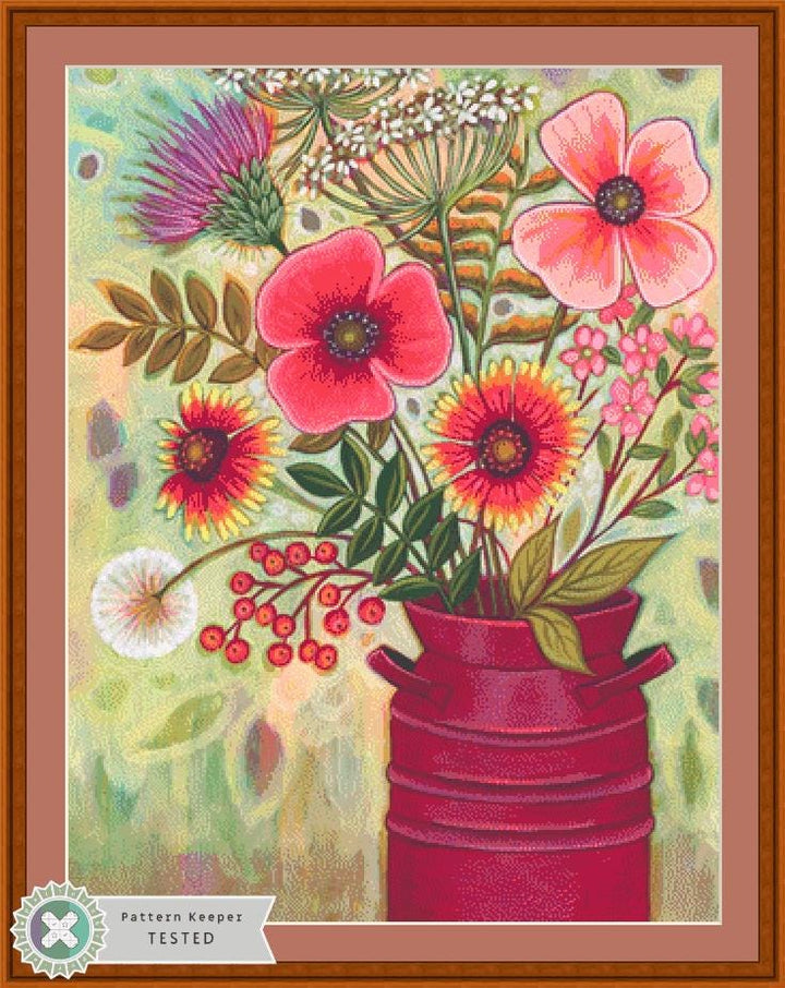 Cottage Floral Milk Can counted cross stitch pattern by Peggy Davis/Porterfields Fine Art Licensing