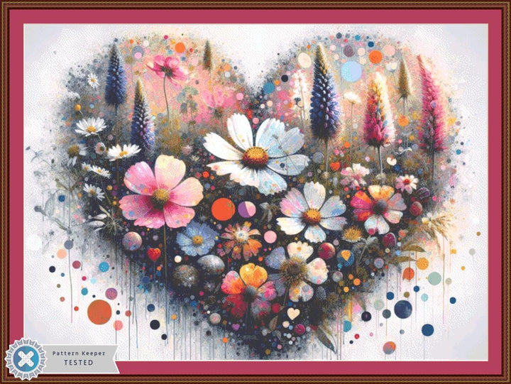 Abstract Heart-Shaped Floral Explosion (Max Size/Color) counted cross stitch pattern by World of Love Hearts/Adrian G. Eyre