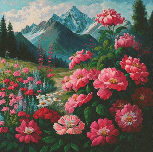 Mountain Meadow counted cross stitch pattern by Peaceful Art Colors