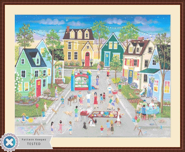 Block Party counted cross stitch pattern by Kim Leo licensed by JMS Art Licensing