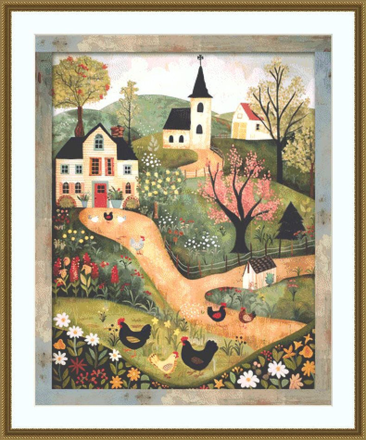 Folk Art Chickens counted cross stitch pattern by Ivy Cottage Home