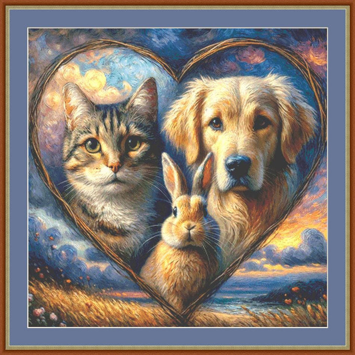 Harmony in Hues Cat, Dog, and Rabbit (Max Color) counted cross stitch pattern by World of Love Hearts/Adrian G. Eyre