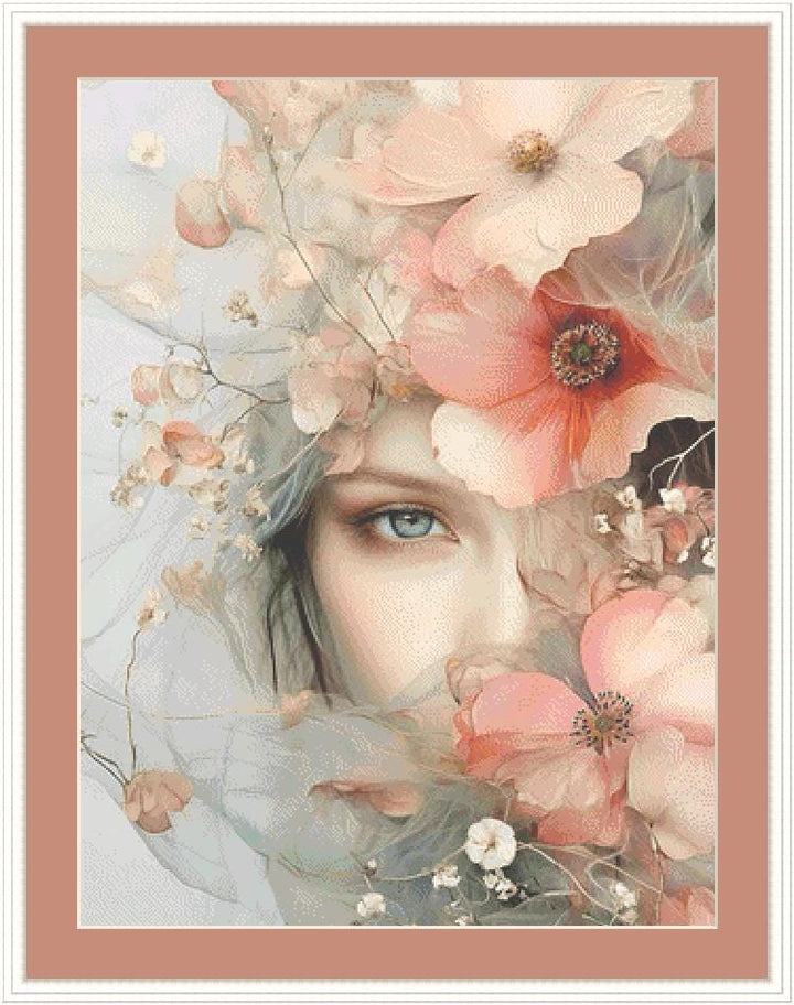 The Veil of Flowers counted cross stitch pattern by Ingrid Jean AI Art