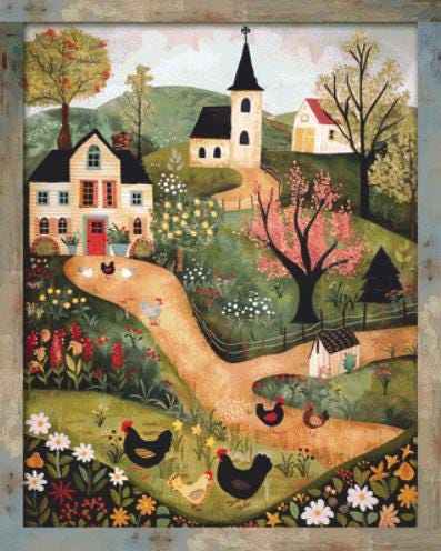 Folk Art Chickens counted cross stitch pattern by Ivy Cottage Home