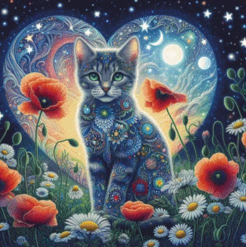 Elegant Floral Feline counted cross stitch pattern by World of Love Hearts/Adrian G. Eyre