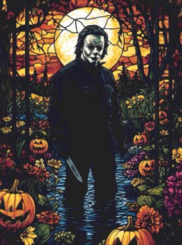 Stained Glass Michael Myers counted cross stitch pattern by Ingrid Jean AI Art