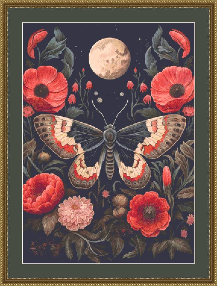 Gothic Botanical Moth counted cross stitch pattern by Dutch Lady Mystic Art