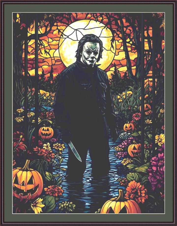 Stained Glass Michael Myers (Max Size/Color) counted cross stitch pattern by Ingrid Jean AI Art