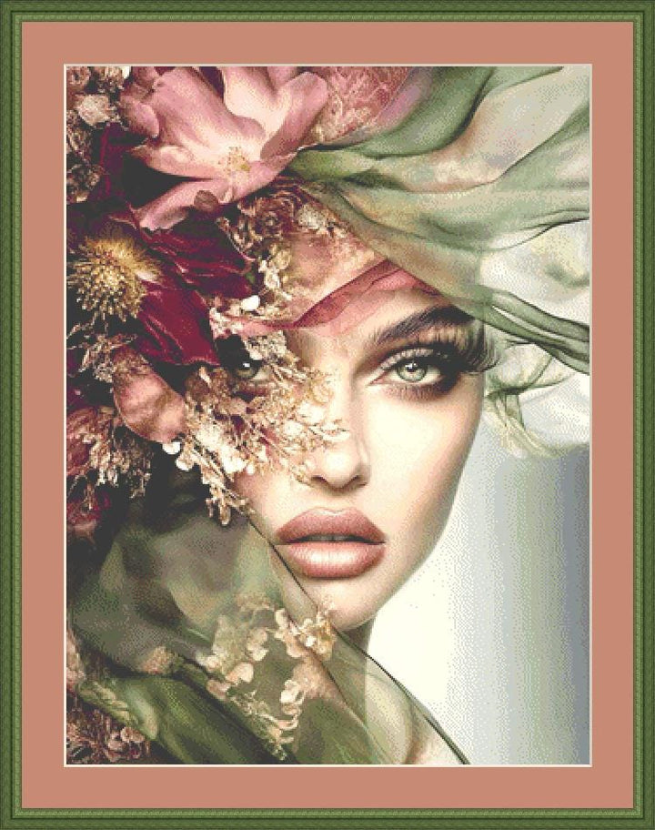 The Veil of Flowers 2 counted cross stitch pattern by Ingrid Jean AI Art