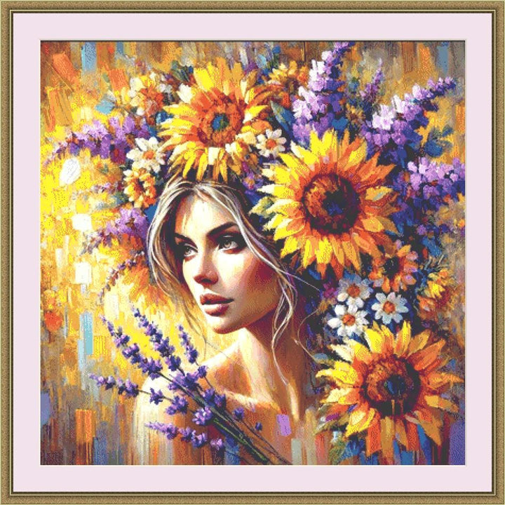 The Beauty Between Sunflowers and Lavender counted cross stitch pattern by Eder Jose Rosa