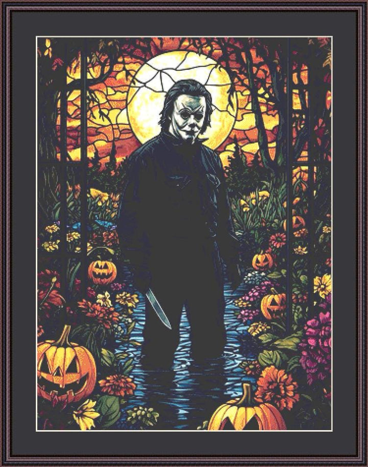 Stained Glass Michael Myers counted cross stitch pattern by Ingrid Jean AI Art