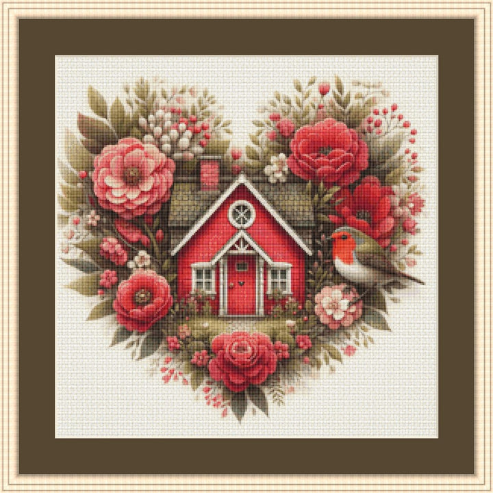 The Cozy Red Cottage in a Floral Heart (Small) counted cross stitch pattern by World of Love Hearts/Adrian G. Eyre