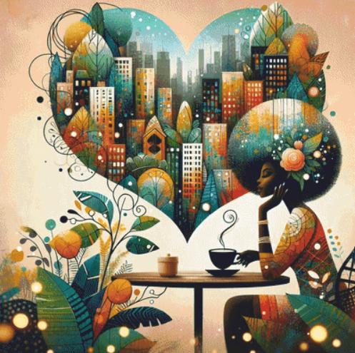 Sipping Coffee in the Quiet of the City counted cross stitch pattern by World of Love Hearts/Adrian G. Eyre