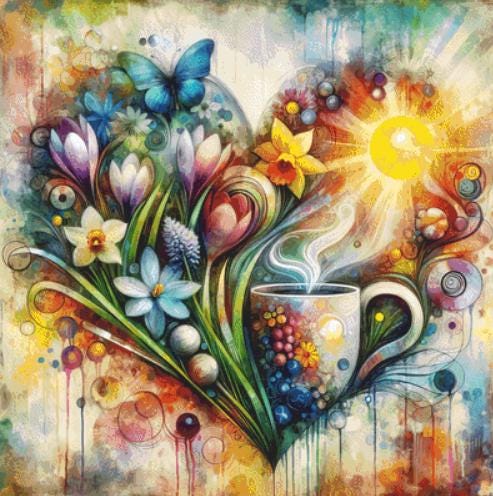 Sunshine, Flowers, and a Perfectly Brewed Cup of Coffee counted cross stitch pattern by World of Love Hearts/Adrian G. Eyre