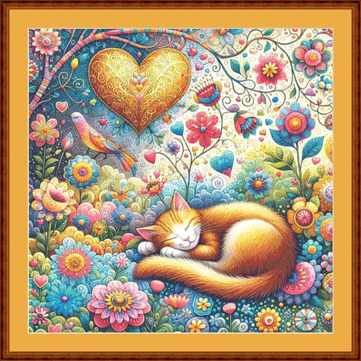 Peaceful Cat Nap in Whimsical Blooms counted cross stitch pattern by World of Love Hearts/Adrian G. Eyre