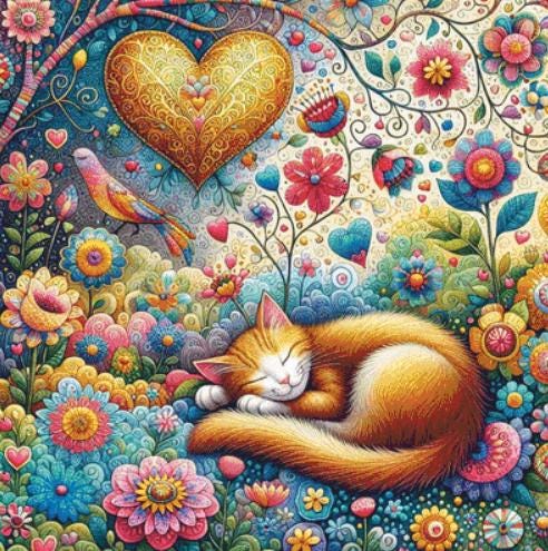 Peaceful Cat Nap in Whimsical Blooms counted cross stitch pattern by World of Love Hearts/Adrian G. Eyre