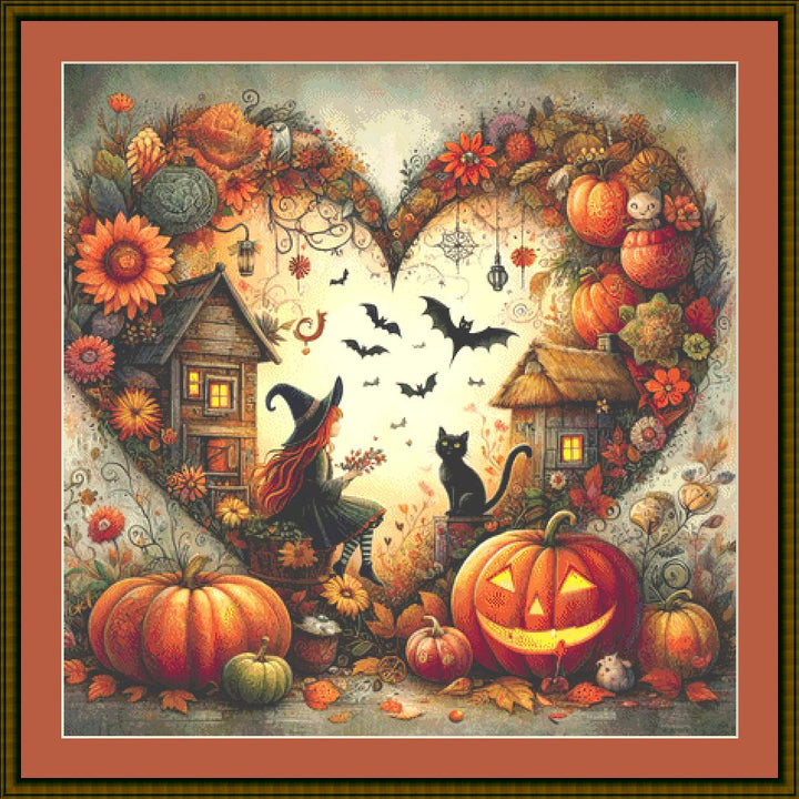 Serene Autumn Country Witch counted cross stitch pattern by World of Love Hearts/Adrian G. Eyre