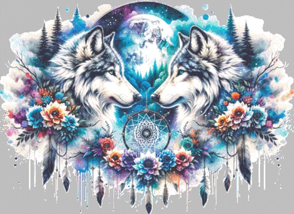 Celestial Wolves counted cross stitch pattern by Petite Publications