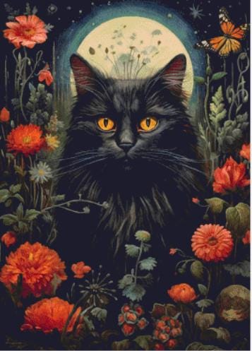 Gothic Botanical Cat counted cross stitch pattern by Dutch Lady Mystic Art