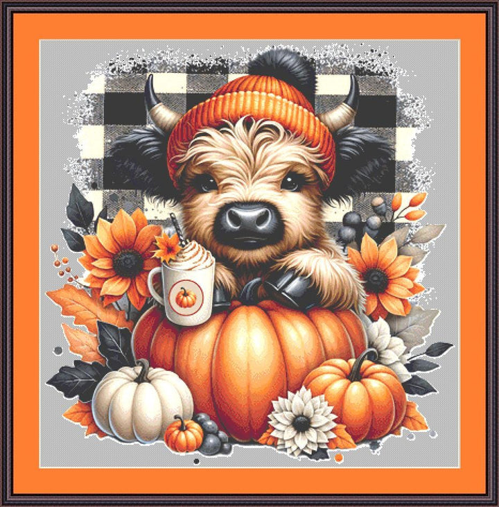 Autumn Highland Cow counted cross stitch pattern by Pixel Paige Studios