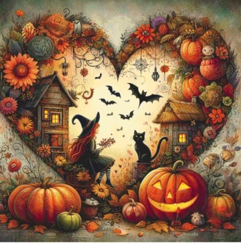 Serene Autumn Country Witch counted cross stitch pattern by World of Love Hearts/Adrian G. Eyre