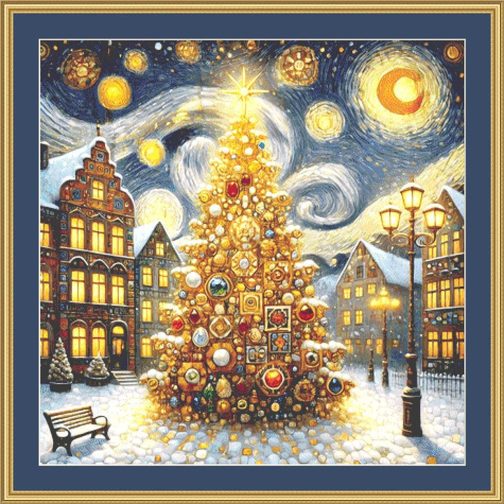 Christmas Tree in Vintage Town counted cross stitch pattern by Mystic Vision Gallery