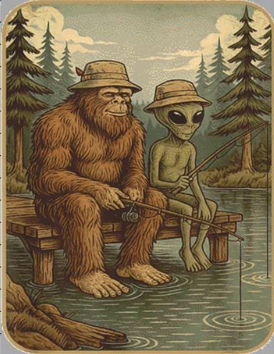 Cosmo and Squatch Gone Fishin' counted cross stitch pattern by ArtVibe9