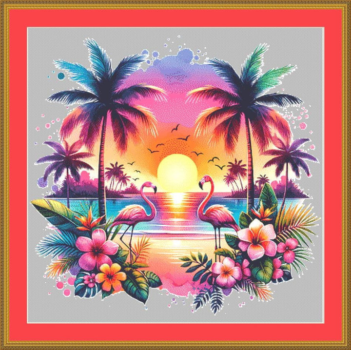 Flamingos at Sunset counted cross stitch pattern by Pink Bird Crews