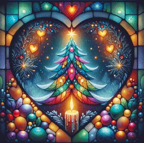 Stained Glass Chrismtas Tree in a Winters Night counted cross stitch pattern by World of Love Hearts/Adrian G Eyre