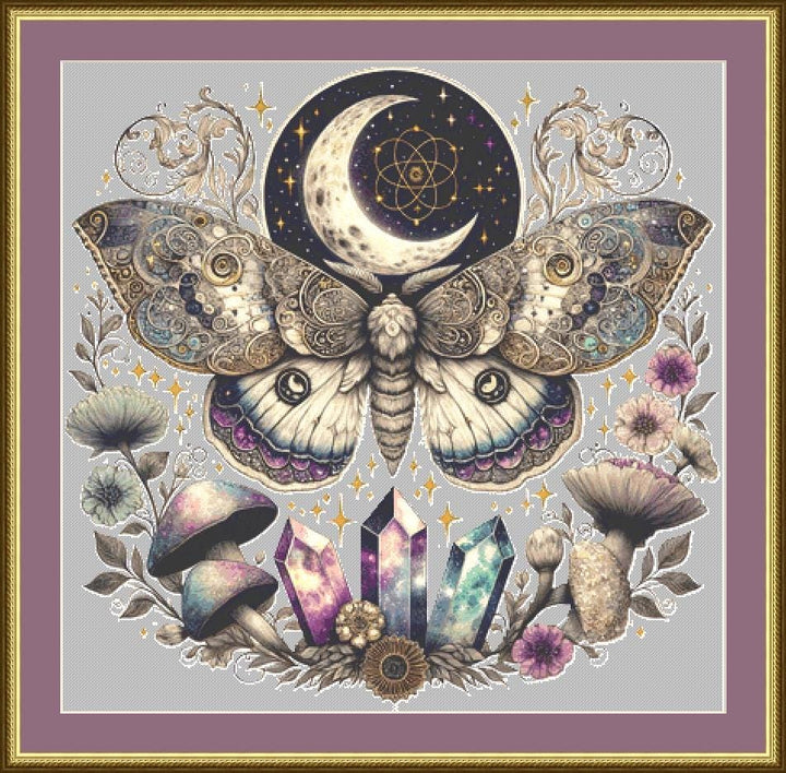 Celestial Lunar Moth counted cross stitch pattern by Pixel Paige Studio