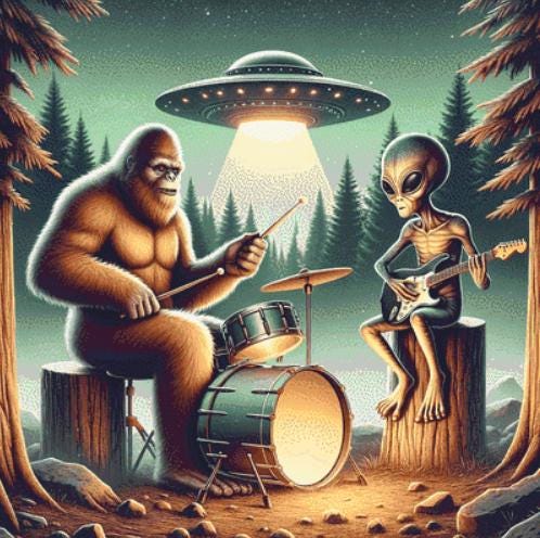 Cosmos and Squatch Rockin Out counted cross stitch pattern by Ahmed Salem Designs