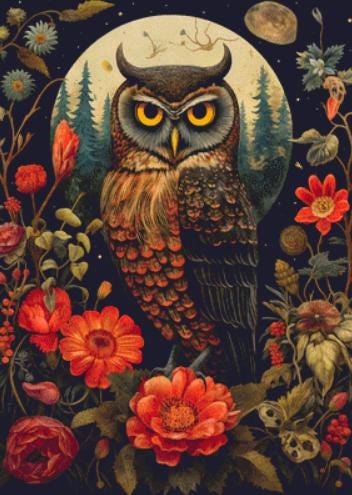 Gothic Botanical Owl counted cross stitch pattern by Dutch Lady Mystic Art