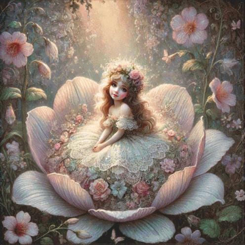 Thumbelina in Bloom counted cross stitch pattern by Mystic Vision Gallery