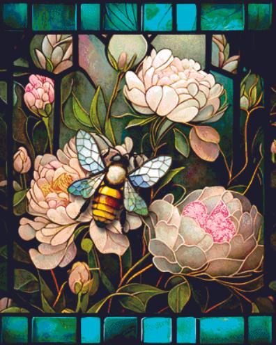 Stained Glass Peonies and Bee counted cross stitch pattern by Ivy Cottage Home