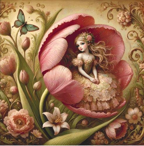 Thumbelina in Blooming Tulip counted cross stitch pattern by Mystic Vision Gallery