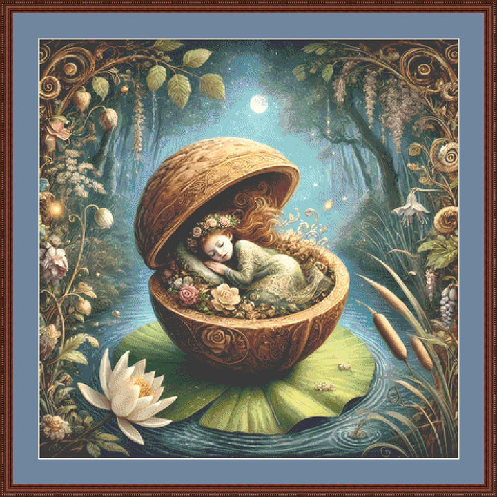 Thumbelina Asleep in a Walnut counted cross stitch pattern by Mystic Vision Gallery