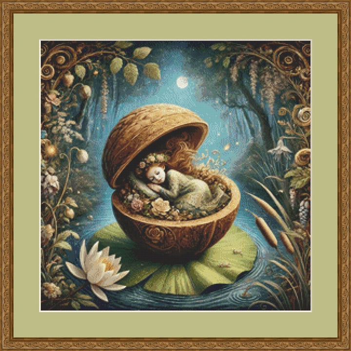 Thumbelina Asleep in a Walnut (Small) counted cross stitch pattern by Mystic Vision Gallery