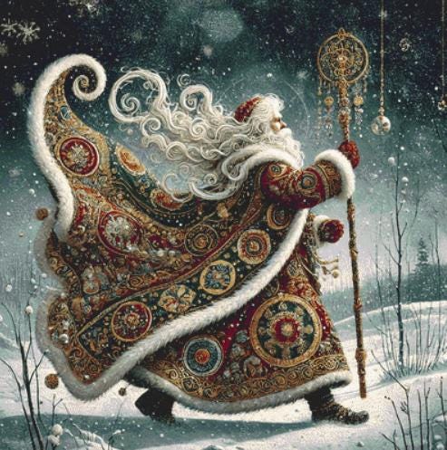 Gilded Green Santa counted cross stitch pattern by Mystic Vision Gallery