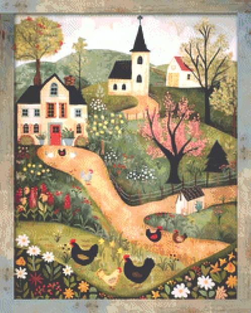 Folk Art Chickens (Small) counted cross stitch pattern by Ivy Cottage Home
