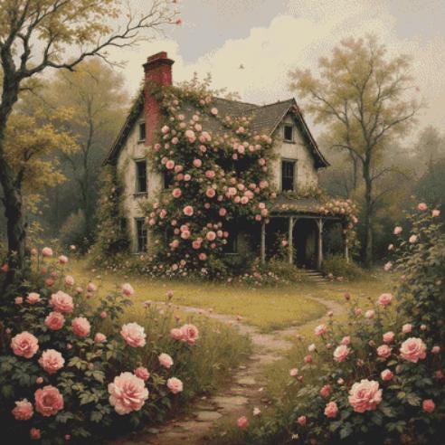 Rose Garden Cottage counted cross stitch pattern by Mystic Vision Gallery