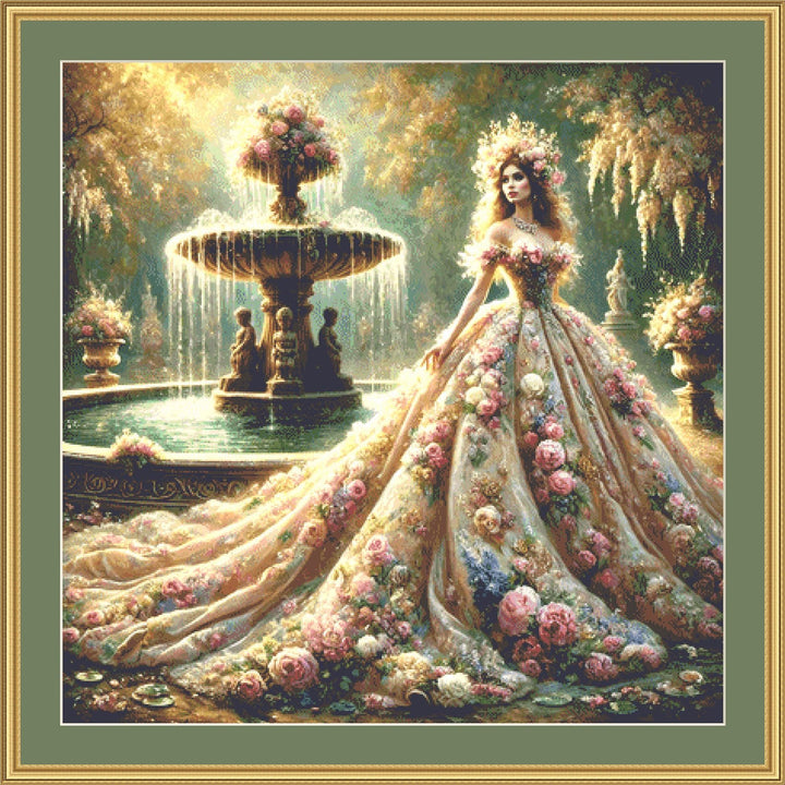 Romantic Princess and Fountain counted cross stitch pattern by Mystic Vision Gallery