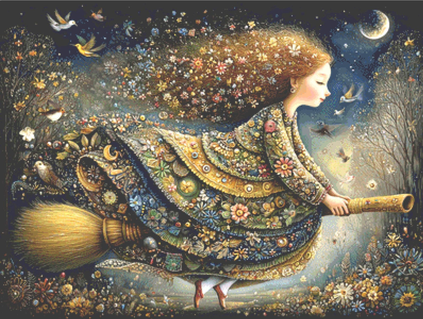 The Broom Flight counted cross stitch pattern by Bryna T. Art & Design (Digital Format)