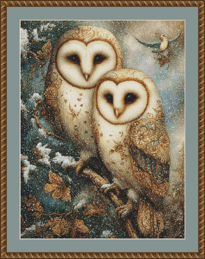 Two Owls on a Snowy Night counted cross stitch pattern by Bryna T. Art & Design (Digital Format)