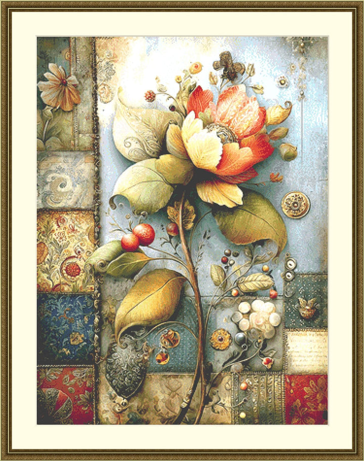 Floral and Quilt counted cross stitch pattern by Bryna T Art & Design (Digital Format)