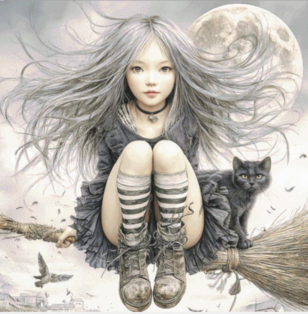 The Silver Witch and Her Black Cat counted cross stitch pattern by Bryna T Art & Design (Digital Format)