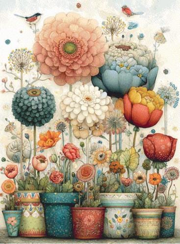 Vibrant Flower Pots 3 (Max Color) counted cross stitch pattern by Bryna T. Art & Design (Digital Format)