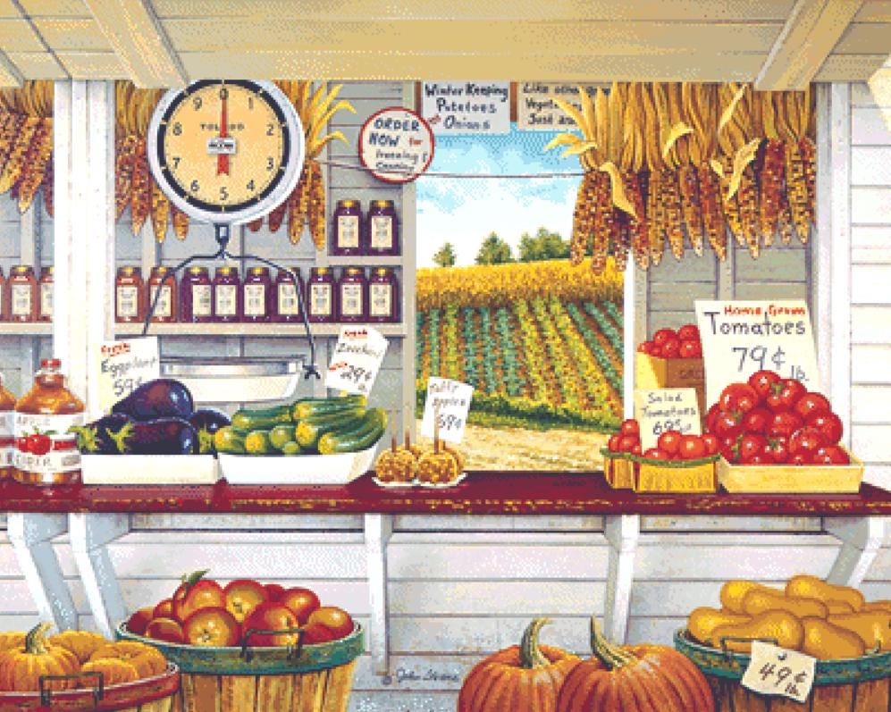 Farmer's Market counted cross stitch pattern Copyright ©John Sloane; used with Permission (Digital Format)