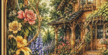 "A Cottage in Bloom" cross stitch pattern by T. Langan