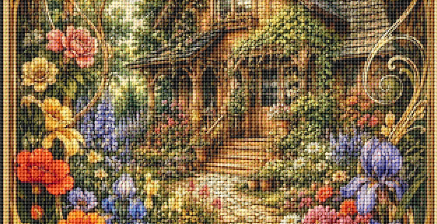"A Cottage in Bloom" cross stitch pattern by T. Langan