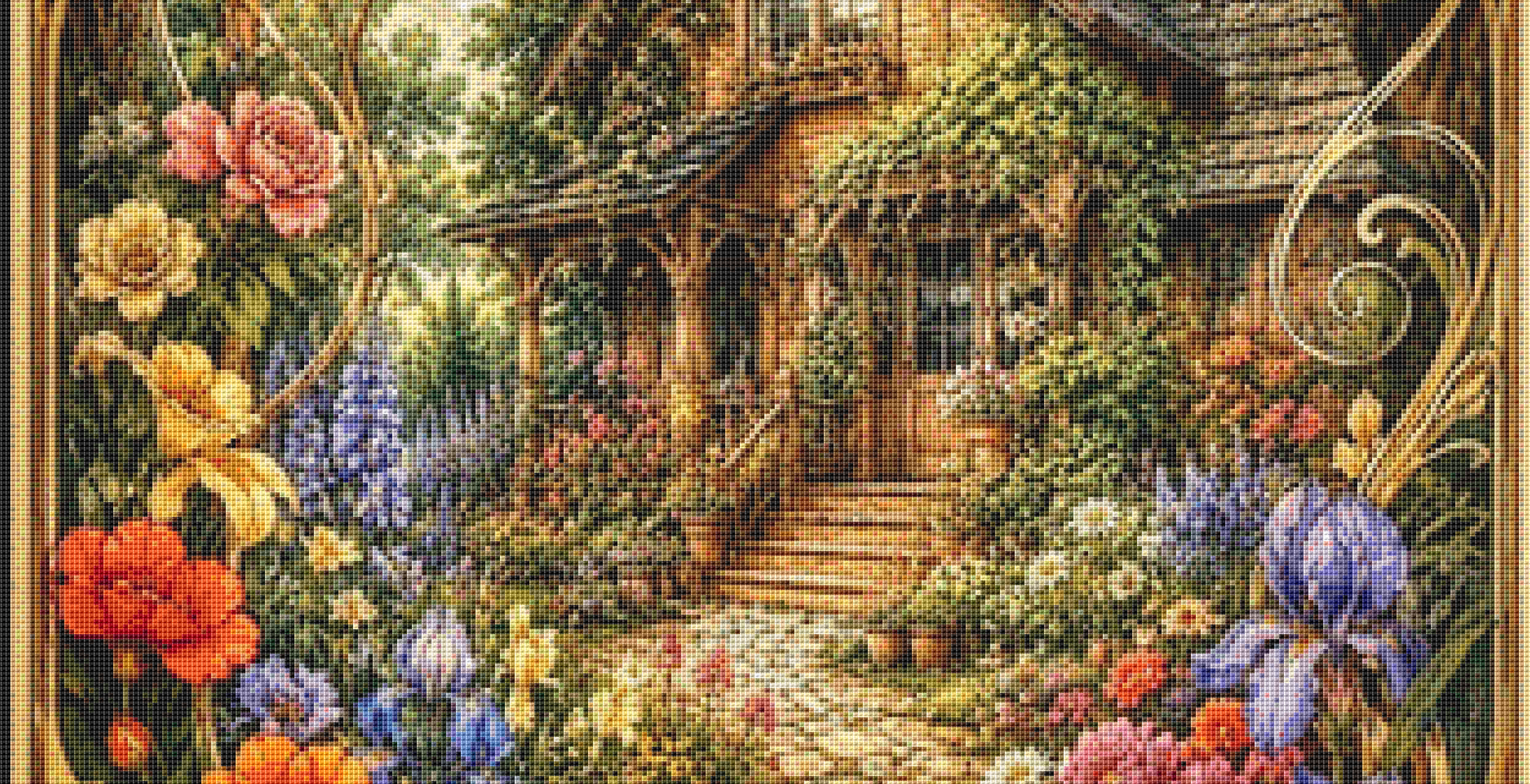 "A Cottage in Bloom" cross stitch pattern by T. Langan